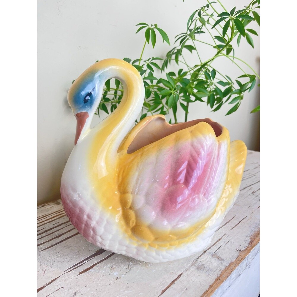Vintage Mid Century Large Ceramic Swan Planter Pink Yellow Blue Pastels 11”x9”